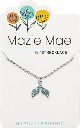 Silver CZ Mermaid Tail Mazie Mae Necklace on a white card with floral illustrations.