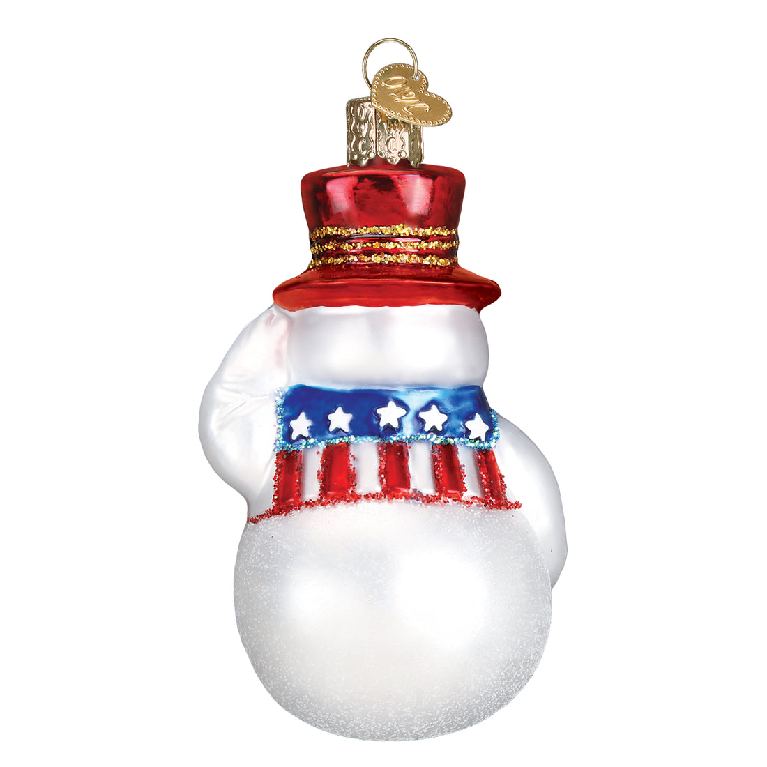 Patriotic snowman glass ornament with a red top hat and a blue scarf with white stars and stripes.