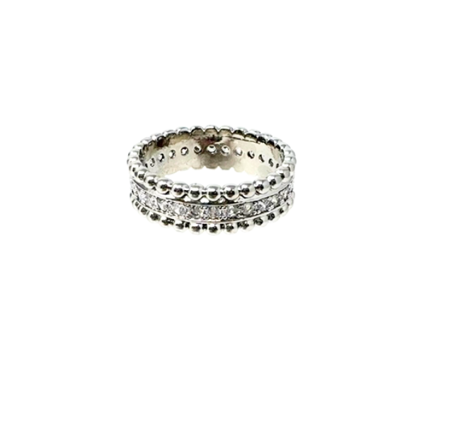 Silver-tone chunky fashion statement ring with beaded edges and a central row of clear crystals.