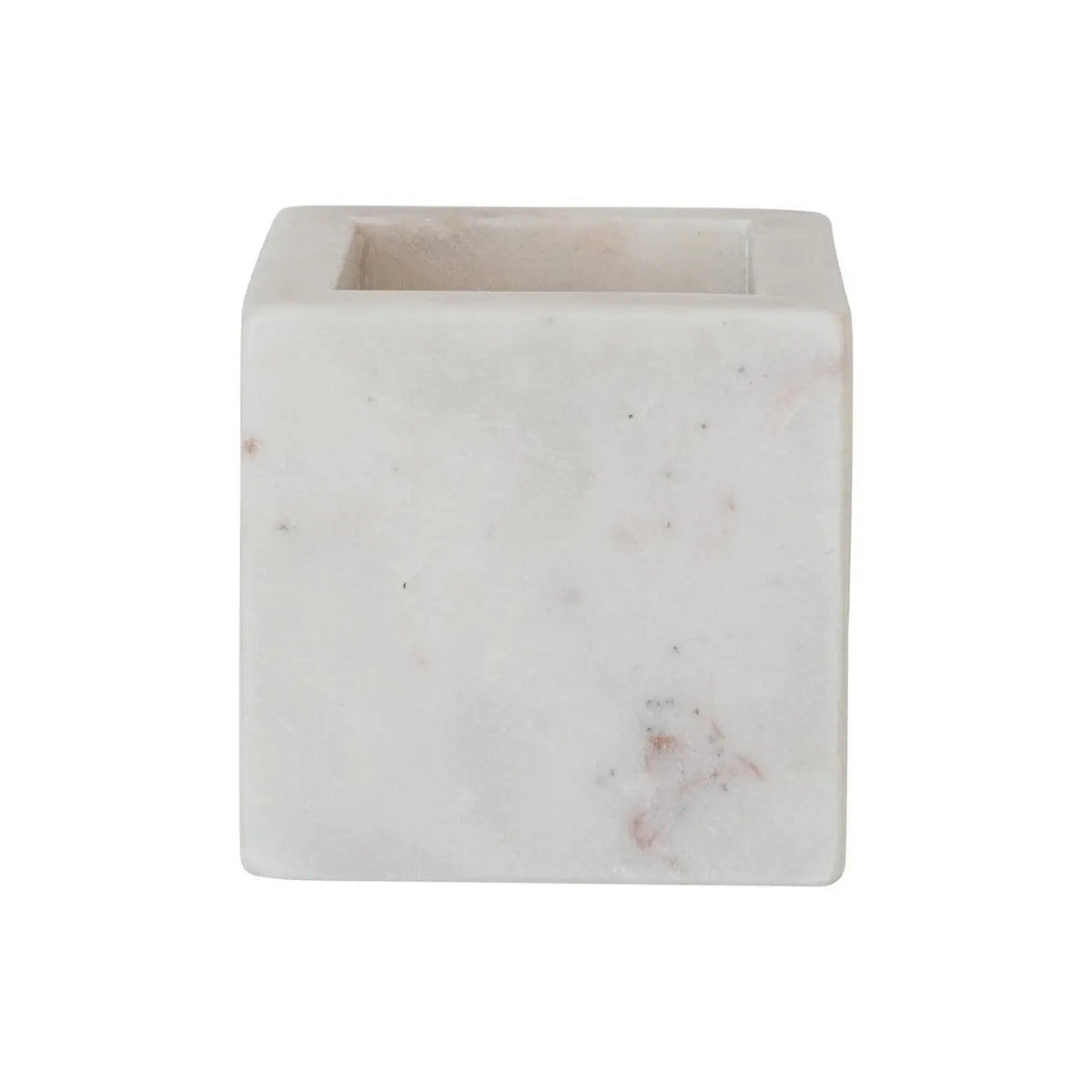 White marble square container with a sleek cube shape.