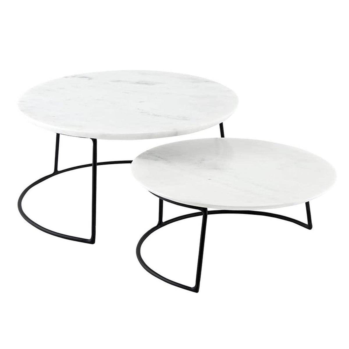 White marble nesting trays on a black iron pedestal stand.