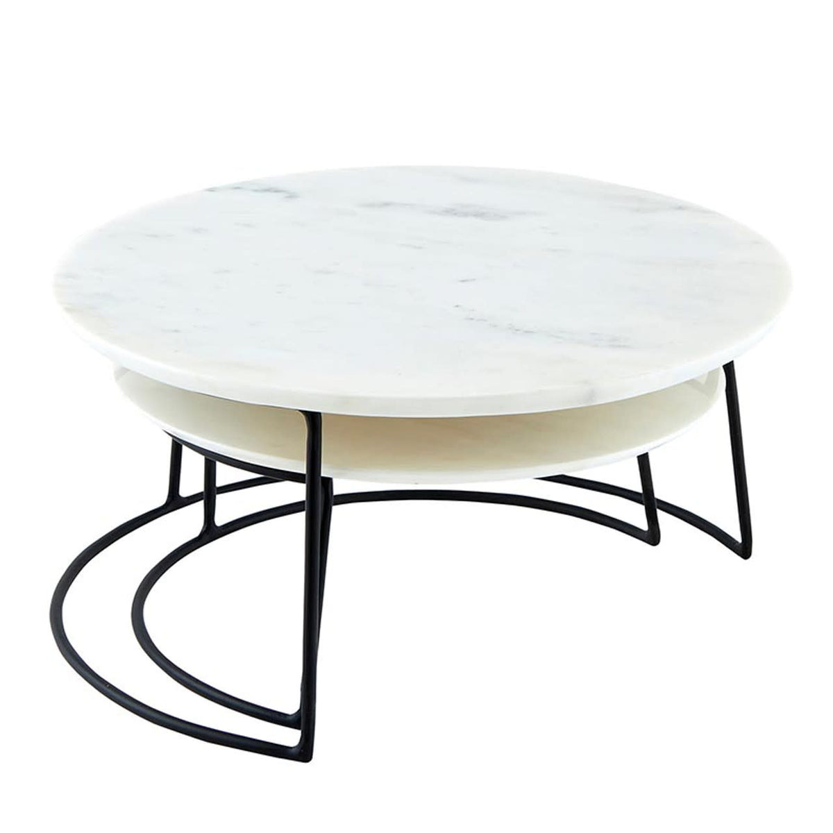 White marble nesting trays with black iron pedestal stands