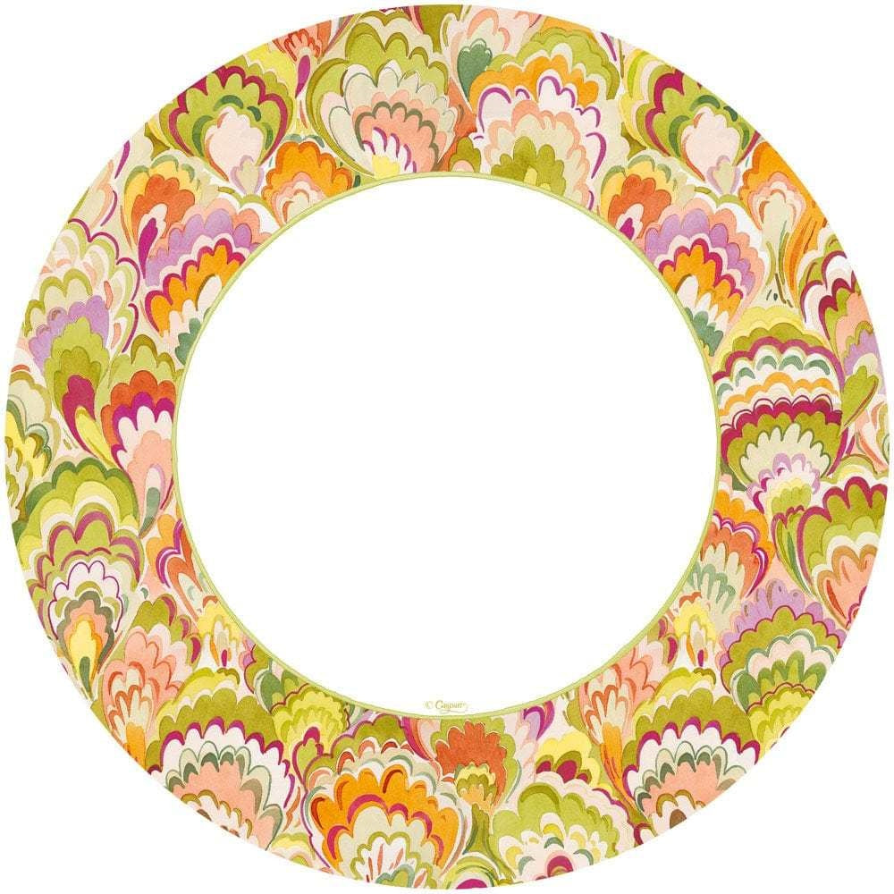 Square marbled dinner plate in raspberry red and chartreuse green with a ceramic-style pattern.