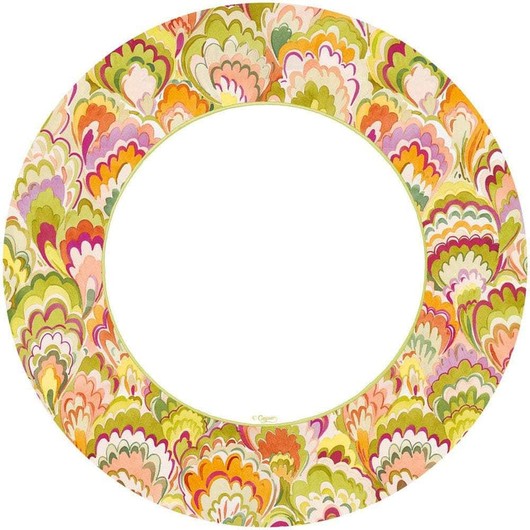 Square marbled dinner plate in raspberry red and chartreuse green with a ceramic-style pattern.