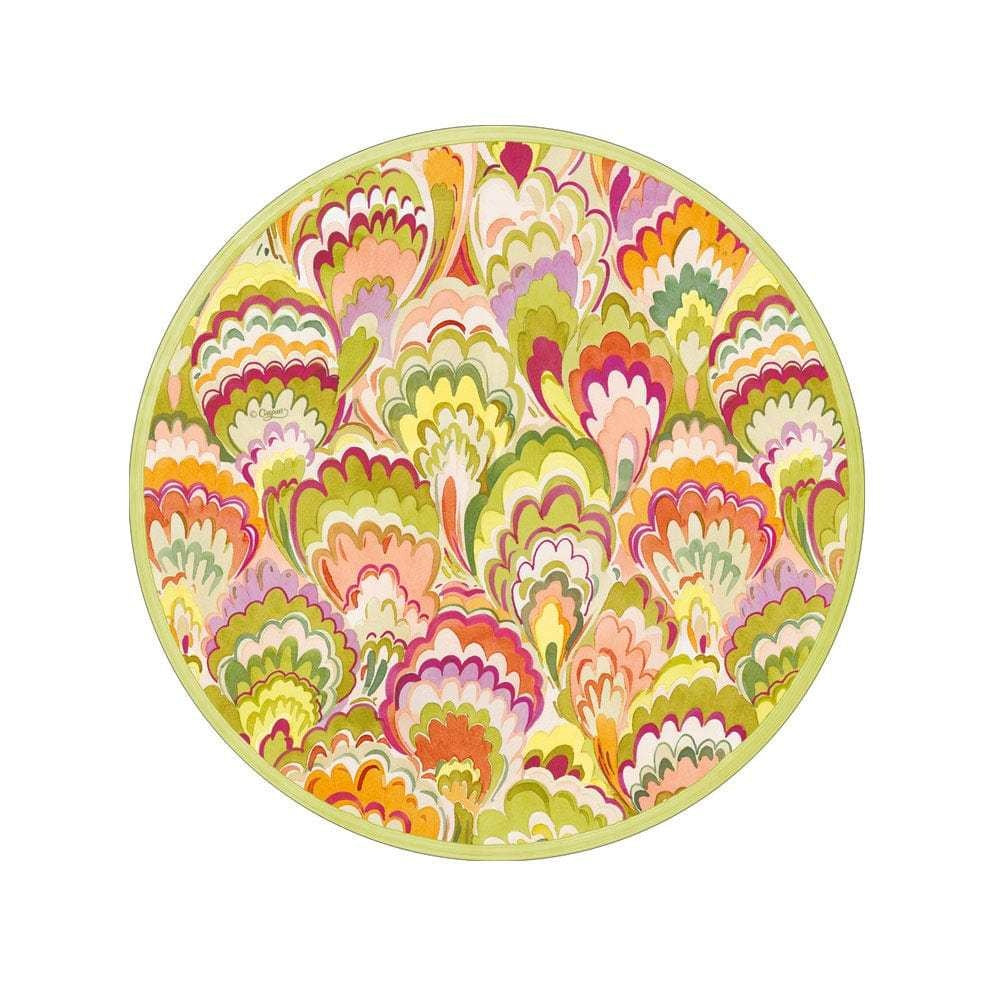 Square salad plates with marbled ceramica raspberry chartreuse water-based dye pattern.