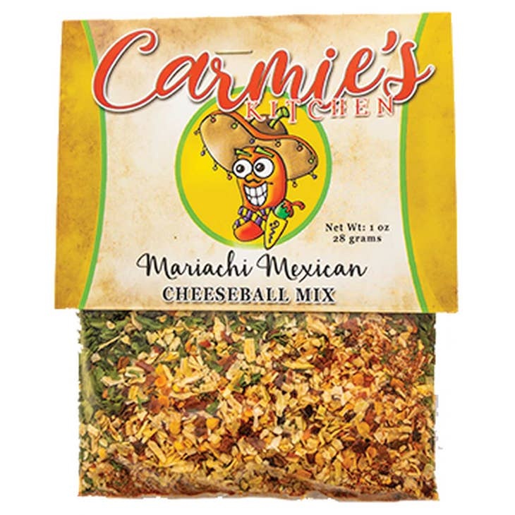 Mariachi Mexican appetizer cheeseball with red chili powder coating served on a white plate