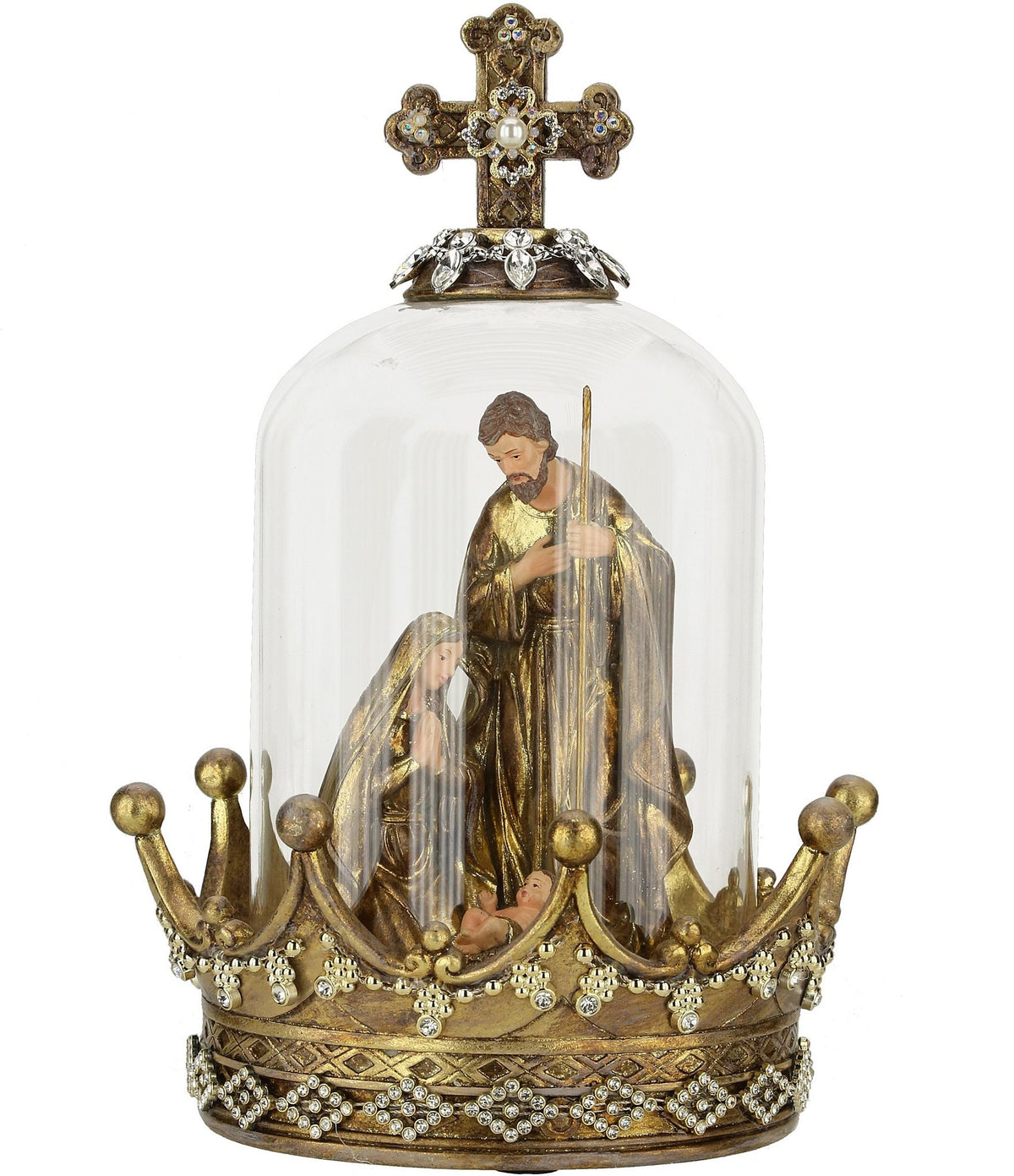 10-inch jeweled Holy Family nativity scene under a glass dome with a crown base and cross topper.