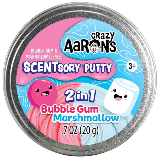 Tin containing Mashups Scentsory Duos putty in bubblegum pink and marshmallow white silicone.