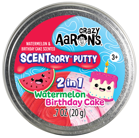 Mashups Scentsory Duos putty in watermelon birthday cake colors inside a tin