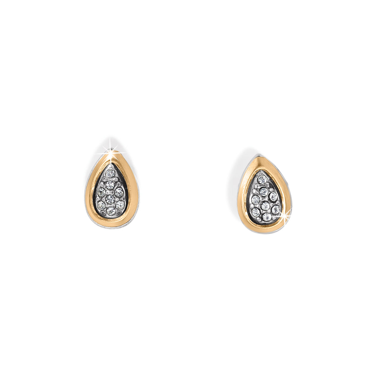 Brushed gold-silver mini post earrings with teardrop shape featuring mixed-metal finish and fine quality crystals.