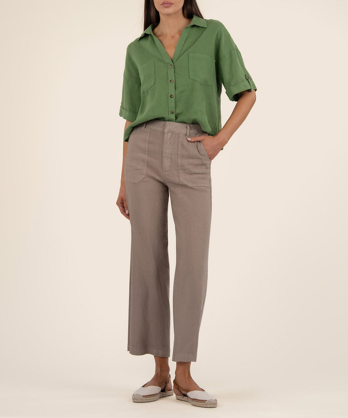 Ivy Breland boxy linen rayon shirt with short sleeves, button front, and chest pocket in natural tone.