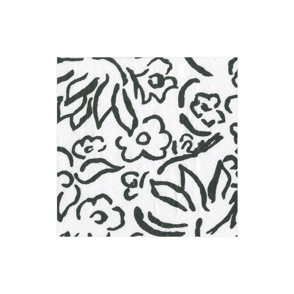 Packaged black cocktail napkins made from triple-ply tissue with a printed pattern.