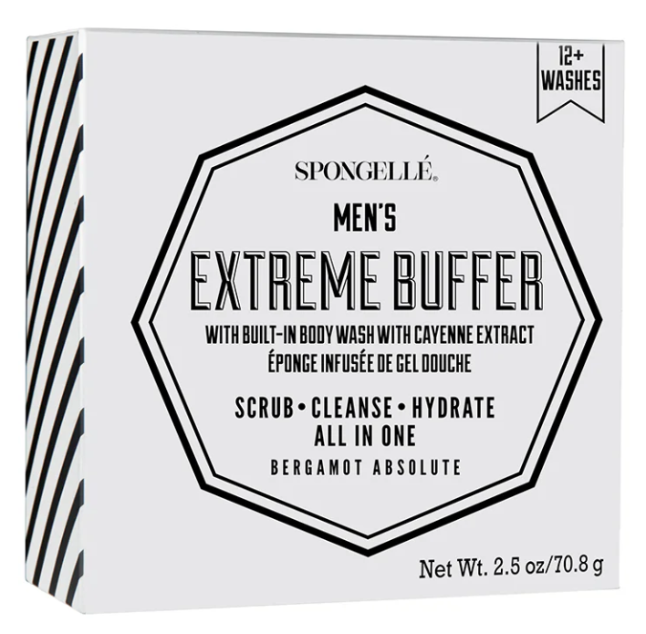 Men's Extreme Buffer with black scrubber side showing dual-sided exfoliating texture in Bergamot Absolute scent.