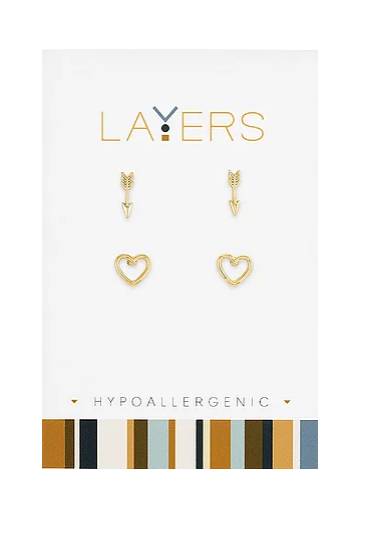 Gold stud earring set featuring one pair of arrows and one pair of open hearts on a white card.