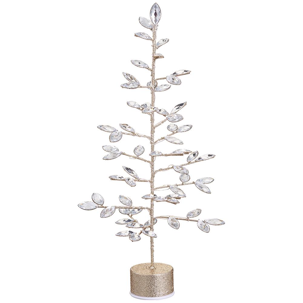 22.75-inch rotating gold wire tree with clear rhinestone leaves on a glittery base.