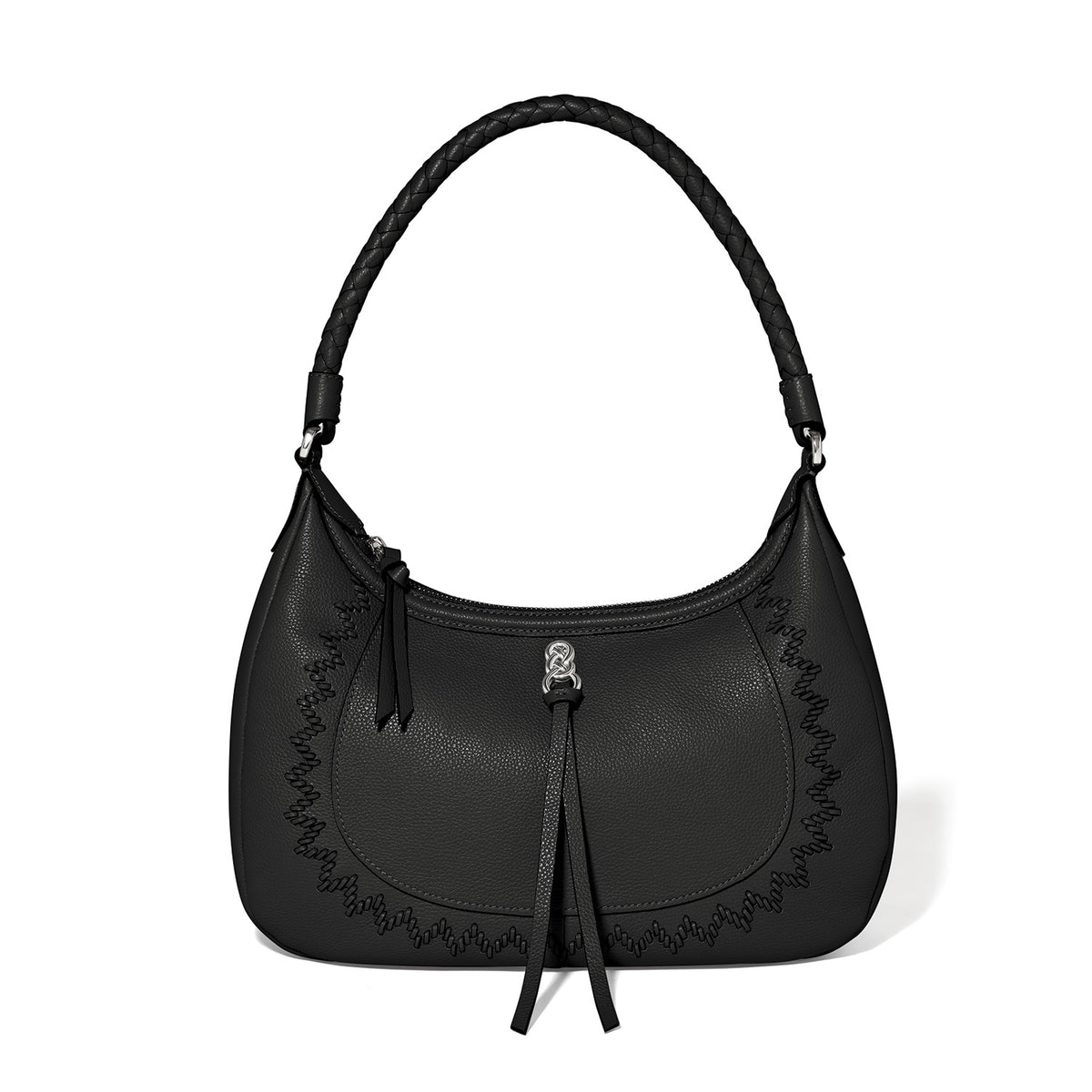Black leather Interlok Addison Large Hobo bag with braided strap and silver hardware.