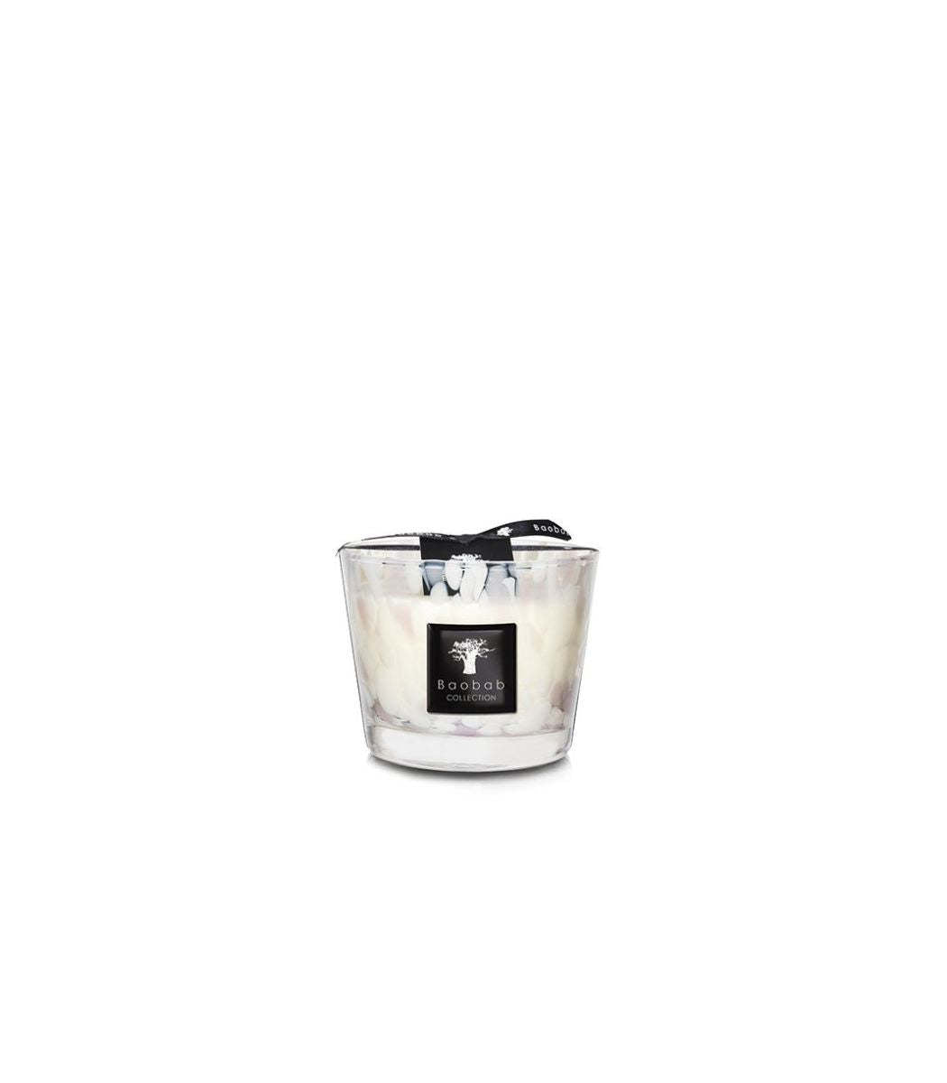 Glass vessel candle named Candle Pearls White with pale pink highlights, four wicks, and orchid fragrance notes.