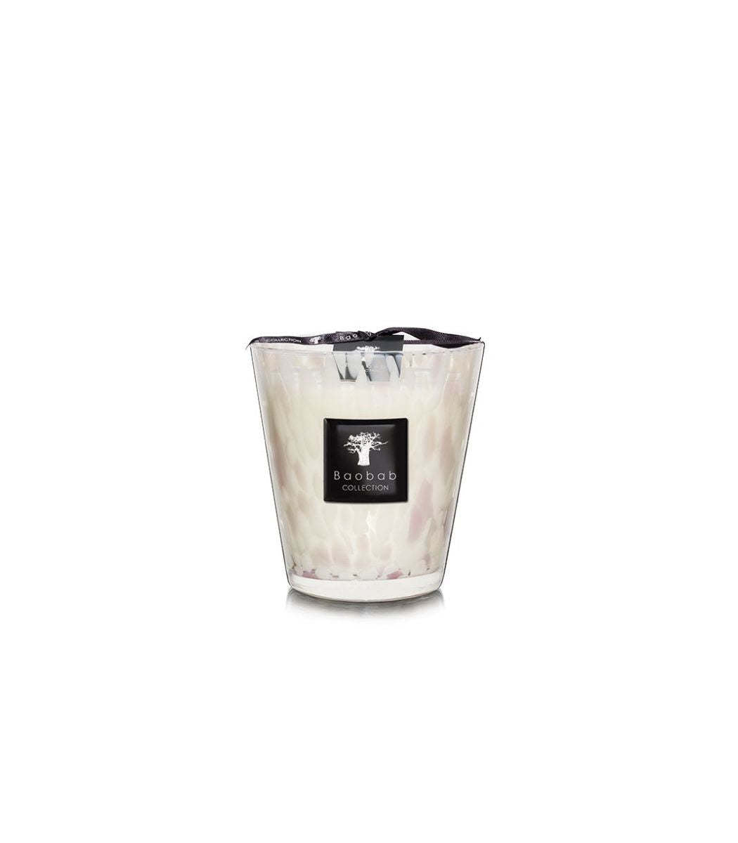 Glass vessel candle named Candle Pearls White with pale pink highlights, four wicks, and orchid fragrance notes.
