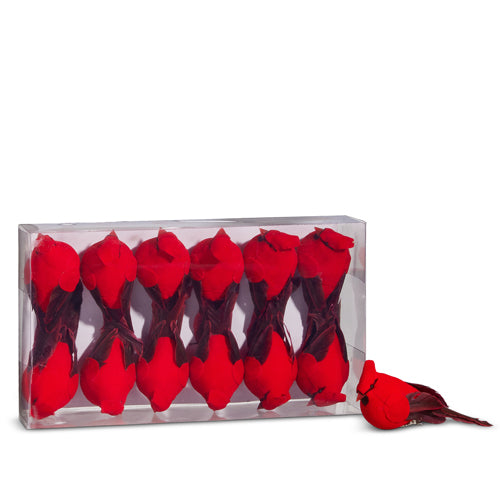 Four-inch box containing red cardinal clip-on ornaments made from foam, paper, and feathers.
