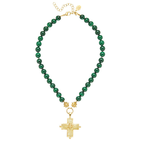 Magellan Cross Necklace featuring green malachite beads and a gold-toned cross pendant.