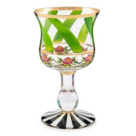 Hand-painted Maypole wine glass with gold lustre leaf embellishment on clear glass.