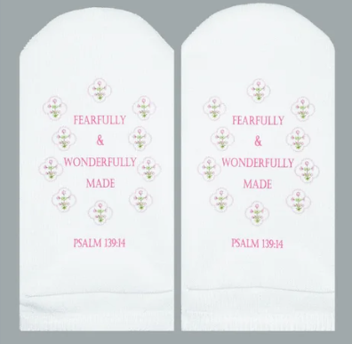 White no-show socks with pink text reading Fearfully & Wonderfully Made and Psalm 139:14.