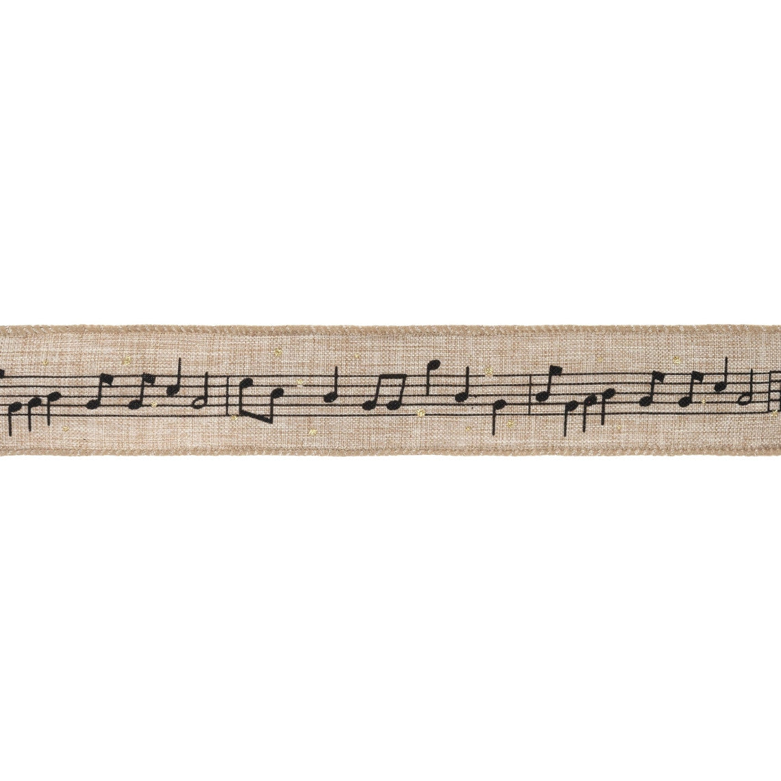 1 1/2 inch wired natural burlap ribbon featuring black musical notes on a five-line staff.
