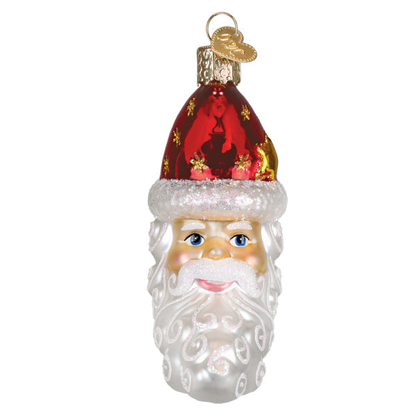 Santa Moon Face glass ornament with a red hat, white glittery beard, and blue eyes.