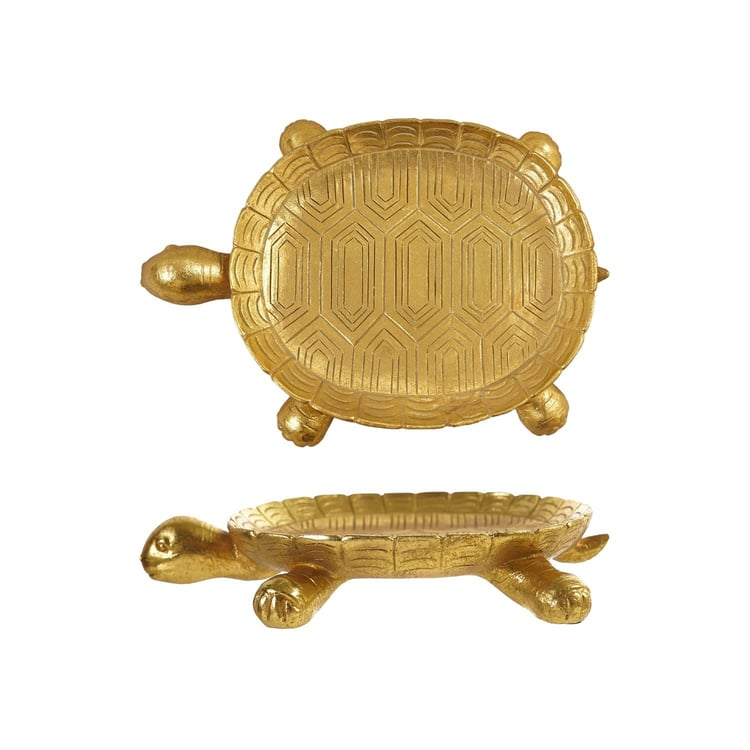 Top and side views of a gold resin turtle-shaped tray with detailed shell patterns.
