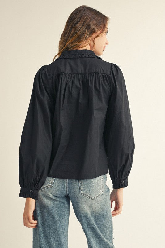 Cindy ruffle accent button-down shirt in white cotton with a relaxed silhouette.