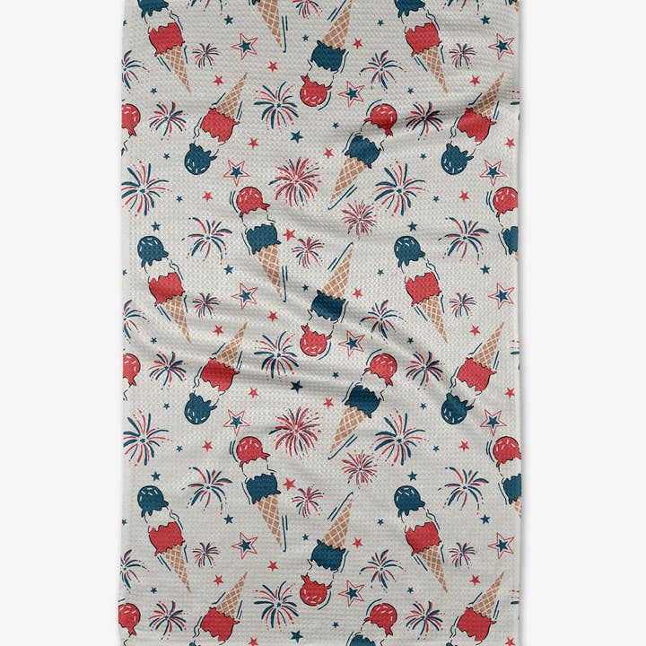 Recycled polyester waffle weave tea towel with single-sided print.