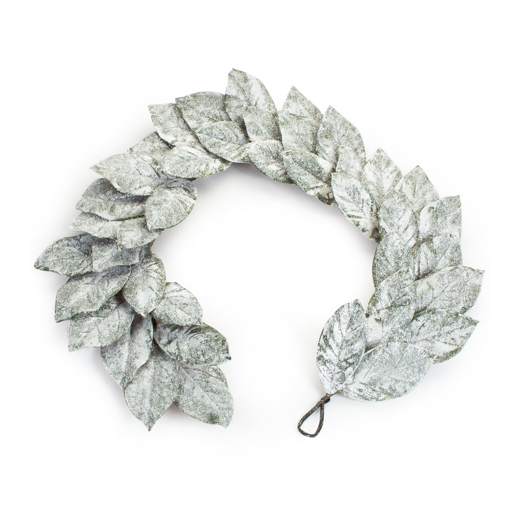 5-foot magnolia leaf garland with a frosted, snowy finish and a hanging loop.