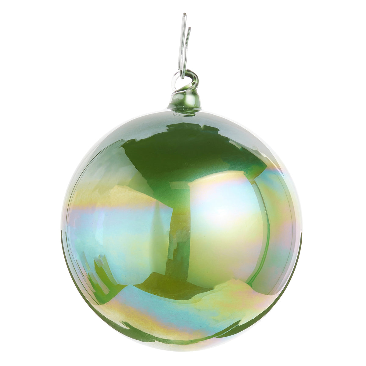 Green iridescent glass ball ornament with a metallic hook for hanging.