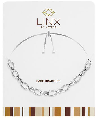 Silver cable link chain LINX base bracelet made of stainless steel on a white display card.