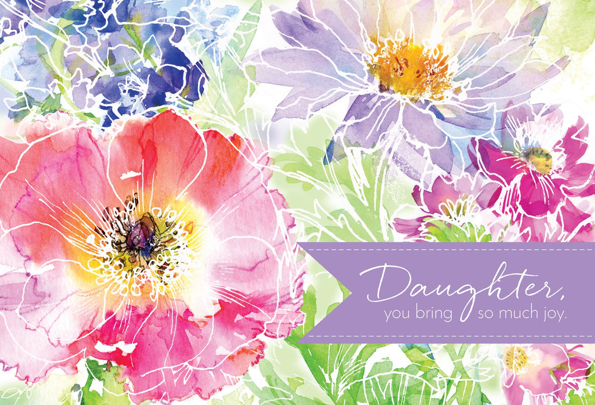Watercolor floral greeting card with purple banner saying "Daughter, you bring so much joy."