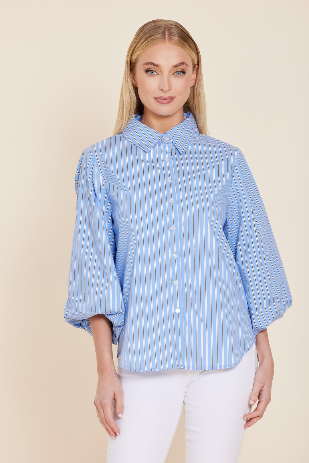 Amanda Poplin Stripe Exageratted Sleeve Top