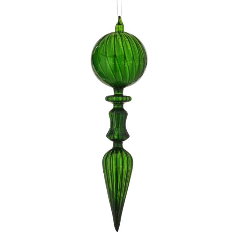 12-inch green glass opaque finial ornament with a ribbed texture and pointed base.