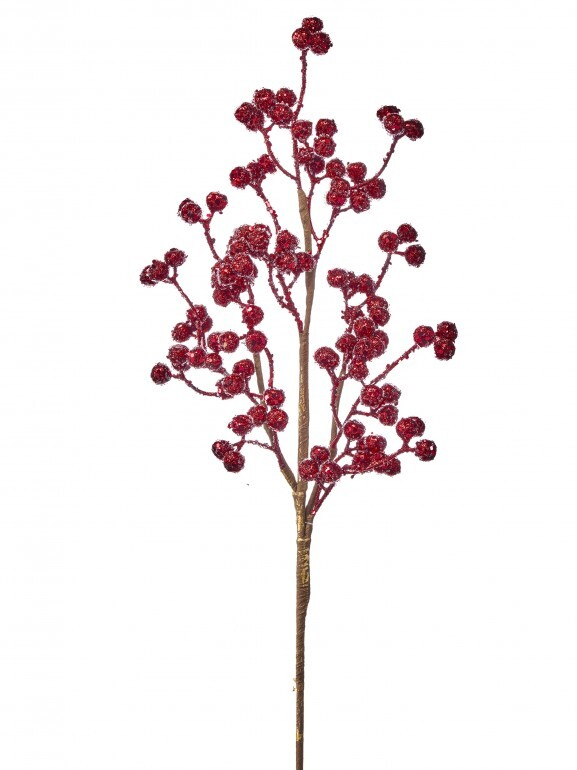 24-inch micro bead iced berry spray with shimmering red berries on a brown stem.