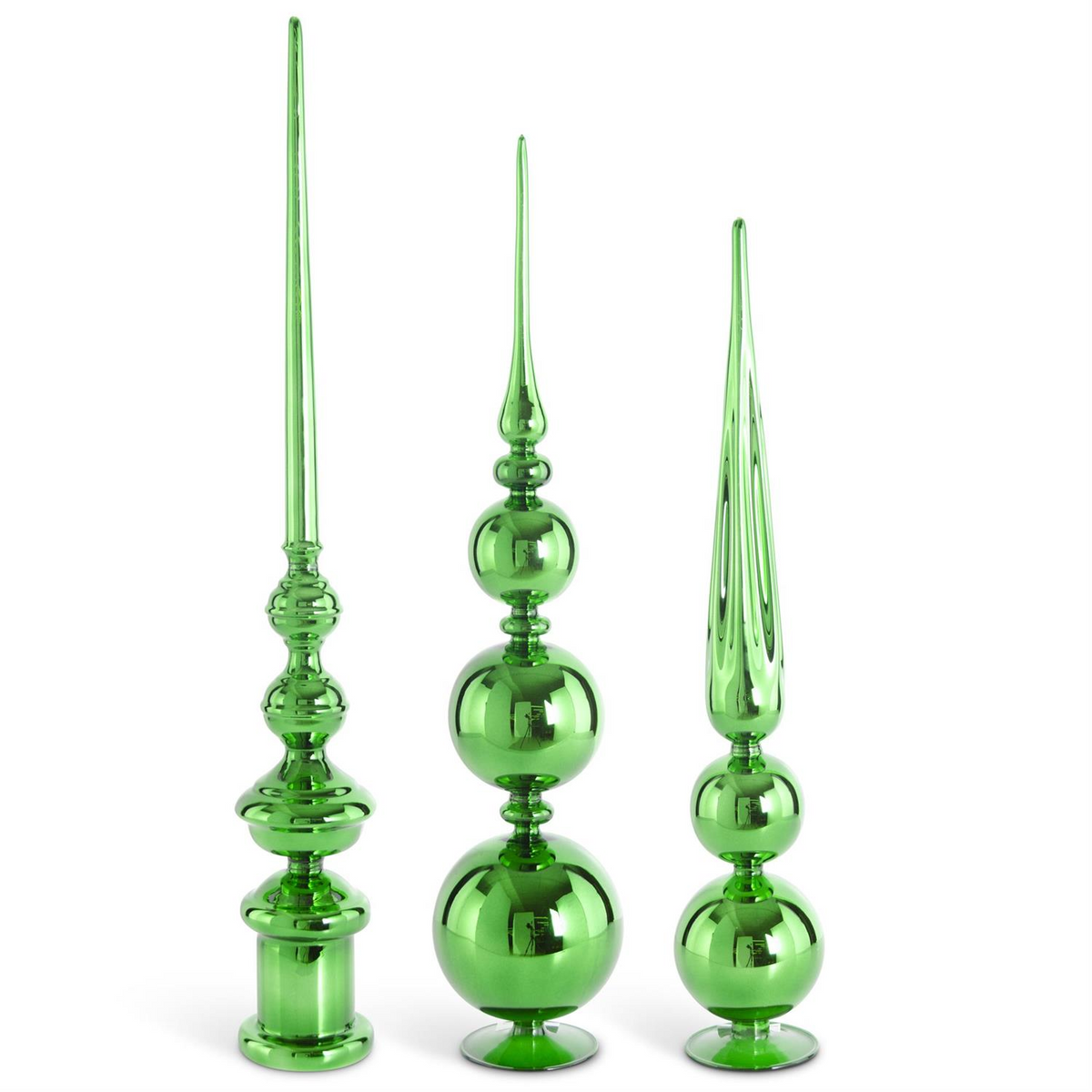 Three handcrafted green glass finials in graduated sizes with stacked spheres and tapered points.