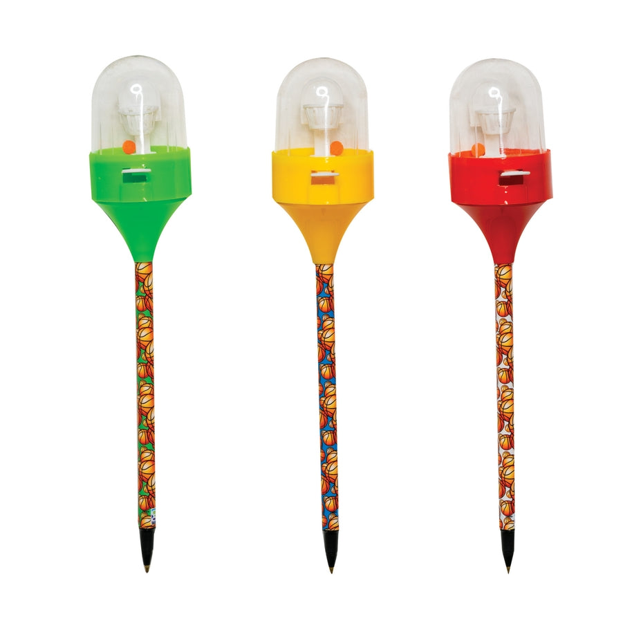 Black Shooting Hoops pen with a barrel featuring basketball hoop graphics.