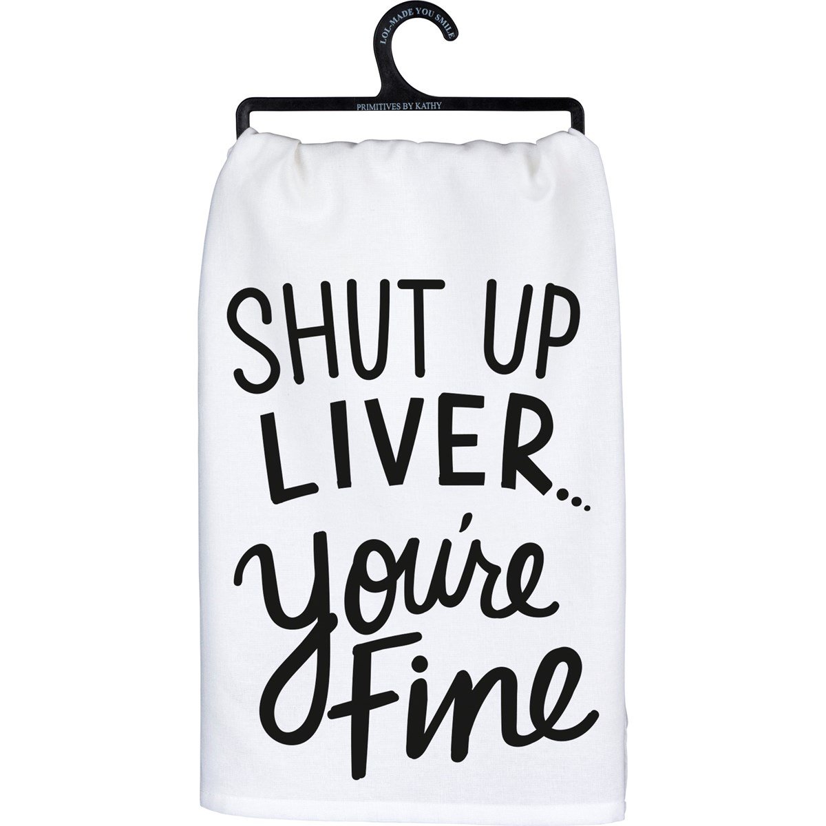 Black cotton kitchen towel with white text reading 'Remember As Far As Anyone Knows We Are A Nice & Normal Family'.