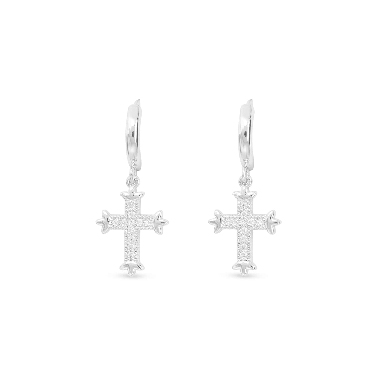 Silver CZ small vintage cross hoop earrings with intricate cubic zirconia detailing.