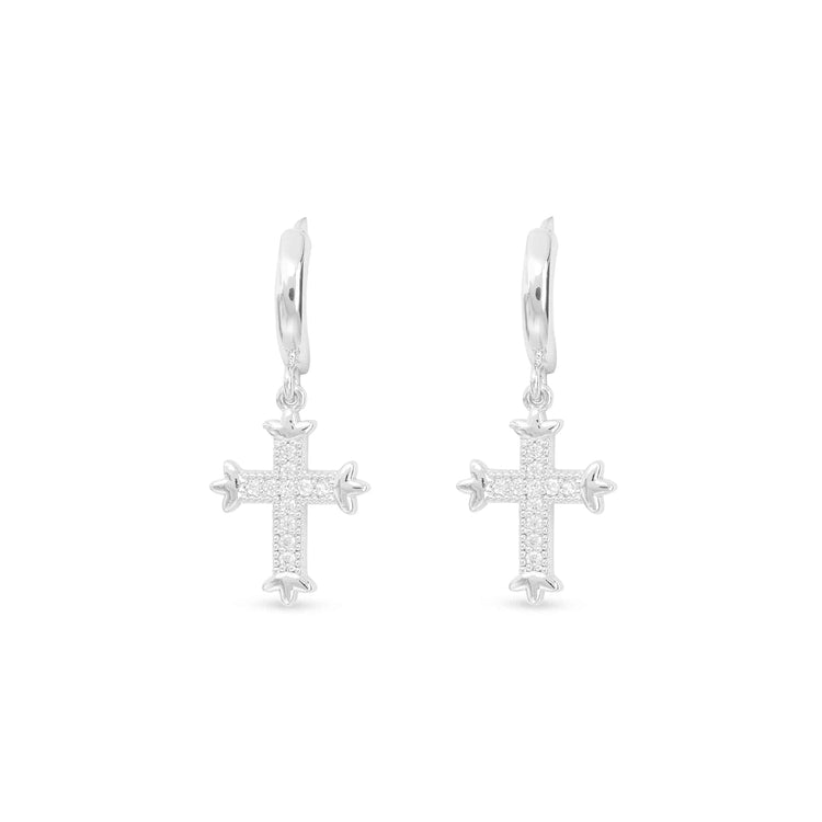 Silver CZ small vintage cross hoop earrings with intricate cubic zirconia detailing.