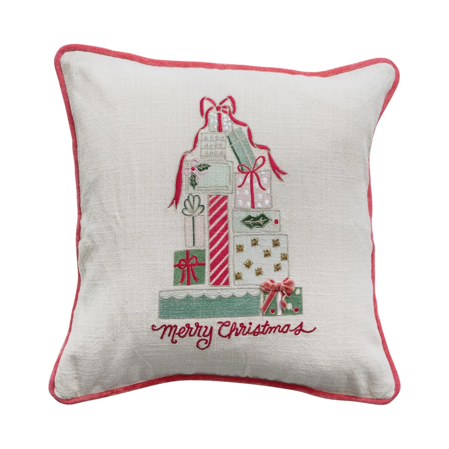 16-inch square cotton slub pillow with a stack of Christmas gifts and "Merry Christmas" text.