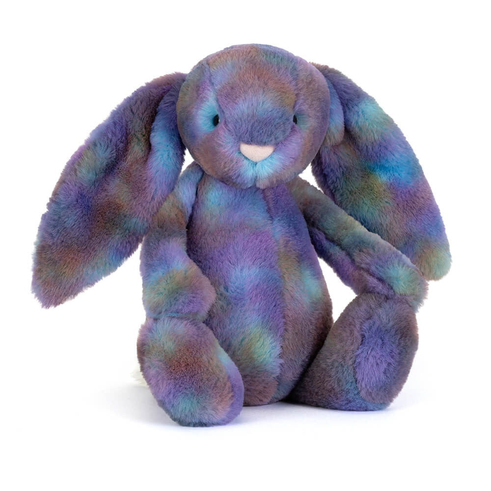 Zodihop Luxe Bunny Original plush toy with purple, blue, and green mottled faux fur.