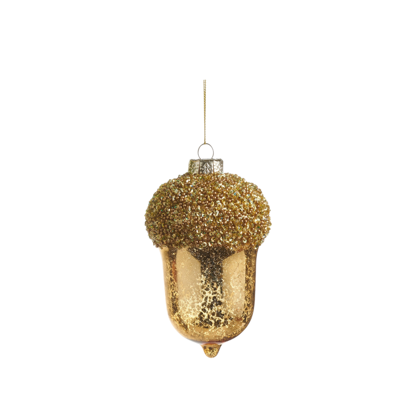 5-inch gold glass acorn ornament with a textured beaded top and metallic finish.