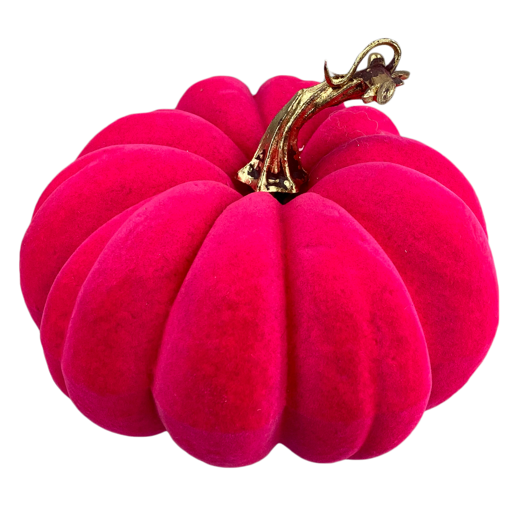 Purple flocked pumpkin with a metallic gold stem on a white background.
