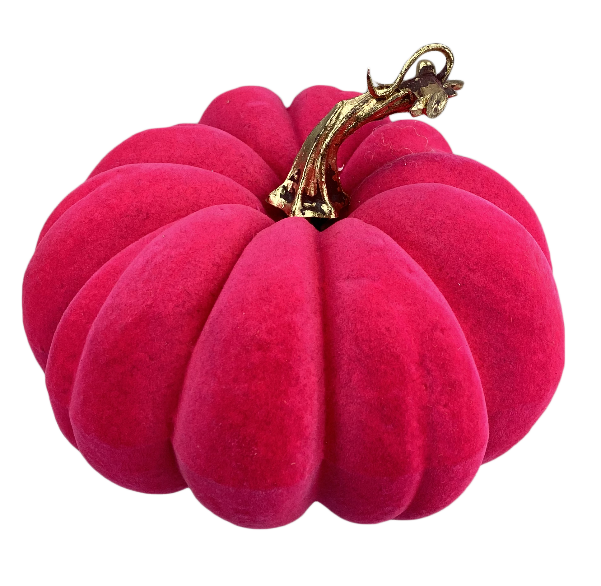 Purple flocked pumpkin with a metallic gold stem on a white background.