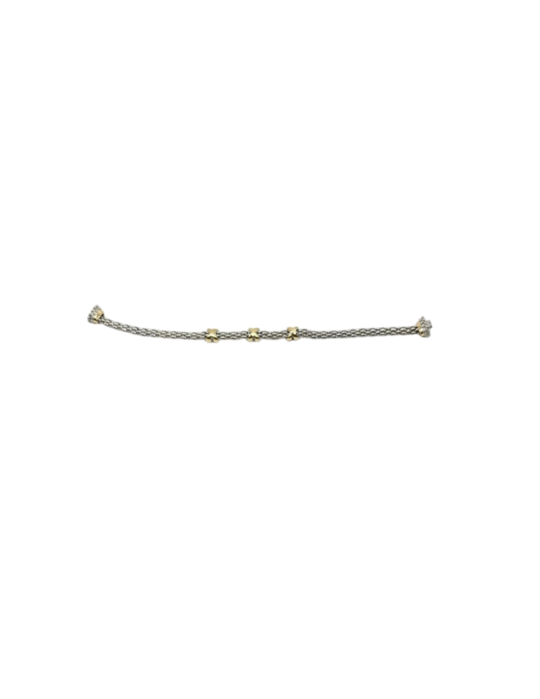 Silver mesh bracelet with three gold X-shaped stations and diamond-accented end caps.