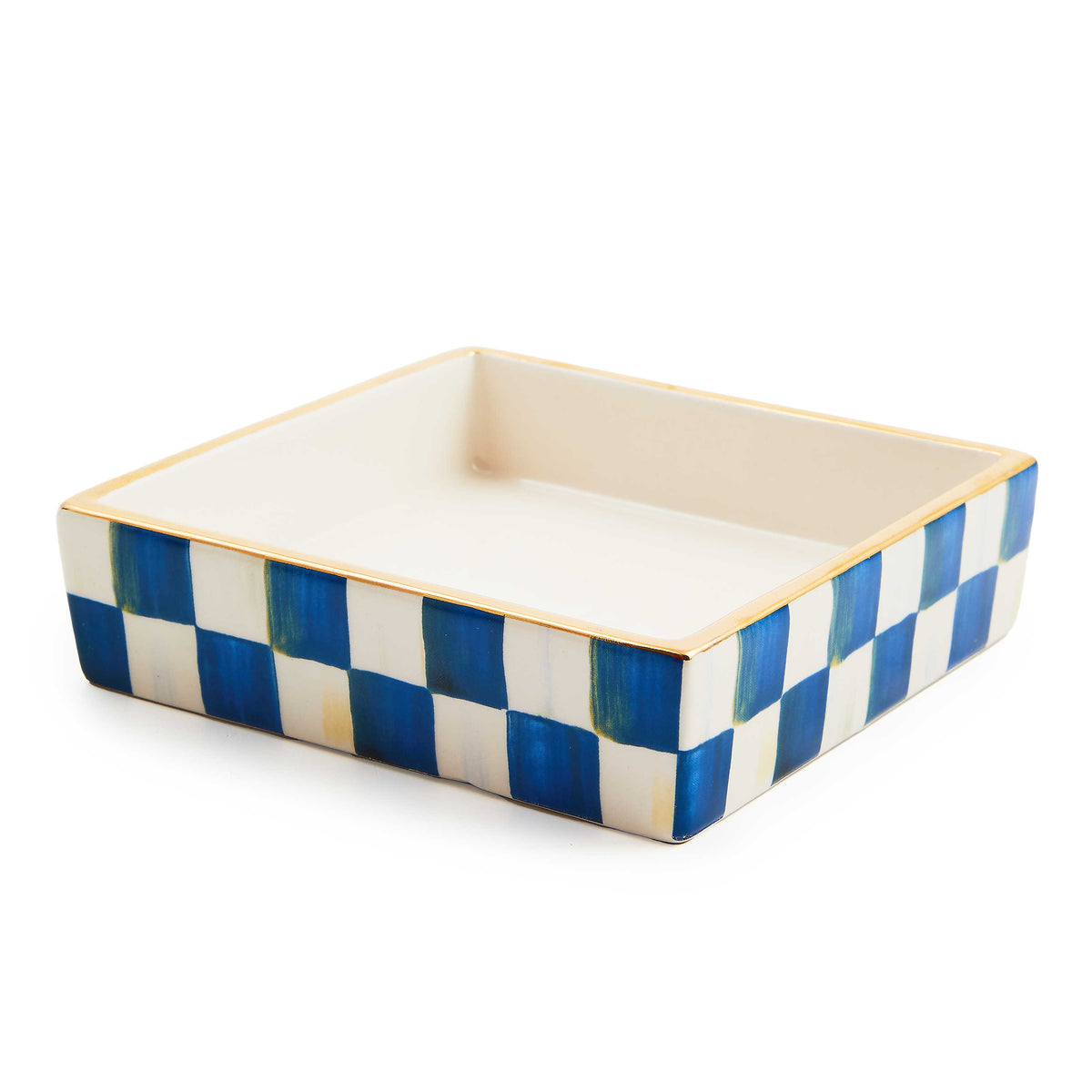 Ceramic cocktail napkin holder with a royal blue checkered pattern.
